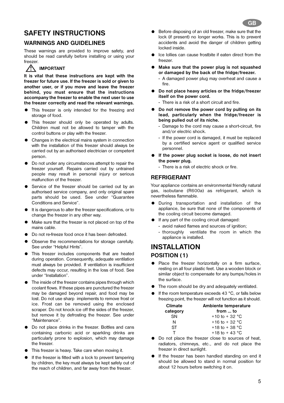 Safety instructions, Installation, Warnings and guidelines | Refrigerant, Position (1) | Electrolux ECN 5157 User Manual | Page 5 / 12