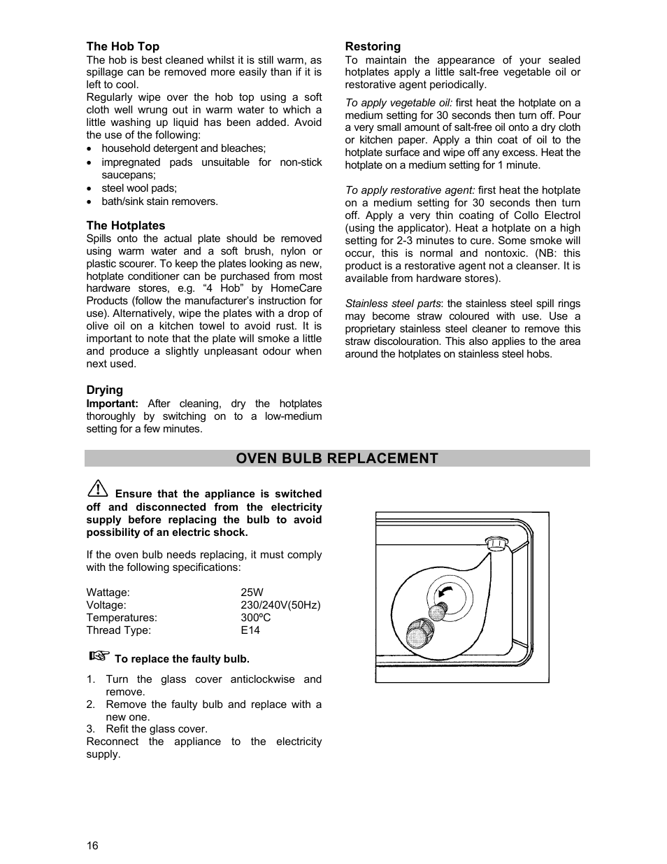 Oven bulb replacement | Electrolux DSO51EL User Manual | Page 16 / 20