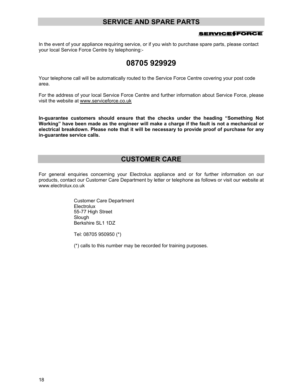 Service and spare parts, Customer care | Electrolux DSO51EL User Manual | Page 18 / 20
