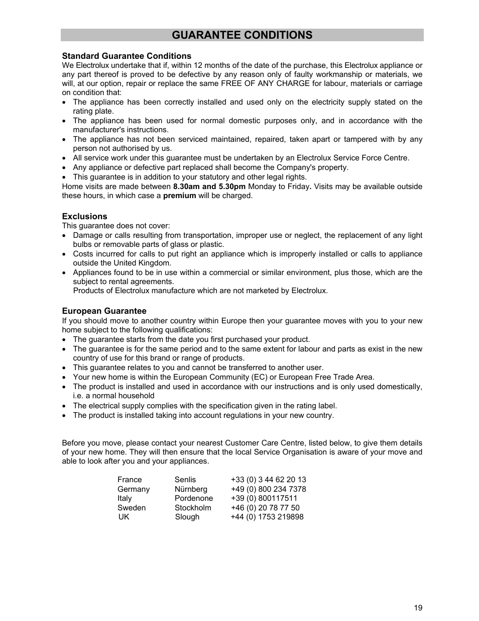 Guarantee conditions | Electrolux DSO51EL User Manual | Page 19 / 20