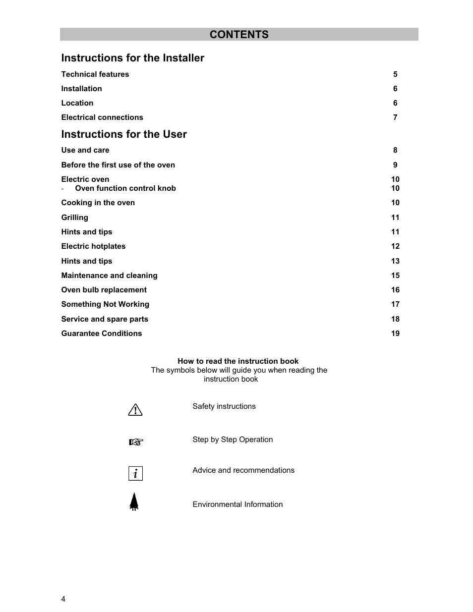 Contents instructions for the installer, Instructions for the user | Electrolux DSO51EL User Manual | Page 4 / 20