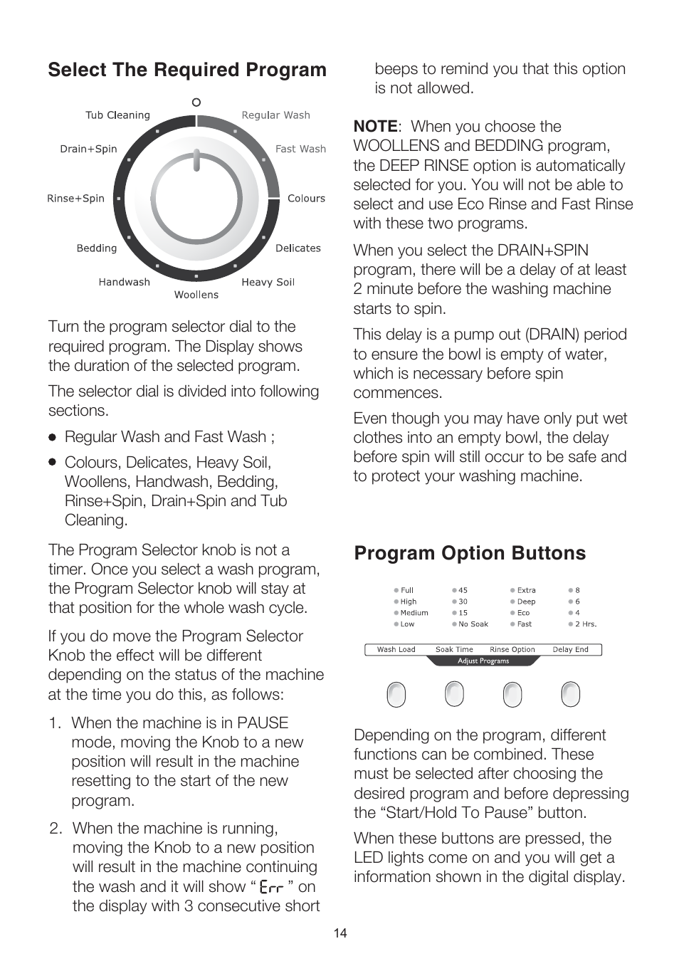 Select the required program program option buttons | Electrolux EWT704 User Manual | Page 14 / 31