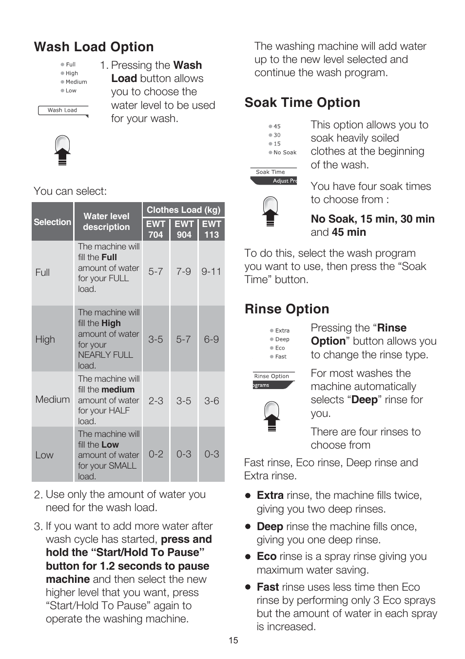 Soak time option, Rinse option, Wash load option | Electrolux EWT704 User Manual | Page 15 / 31