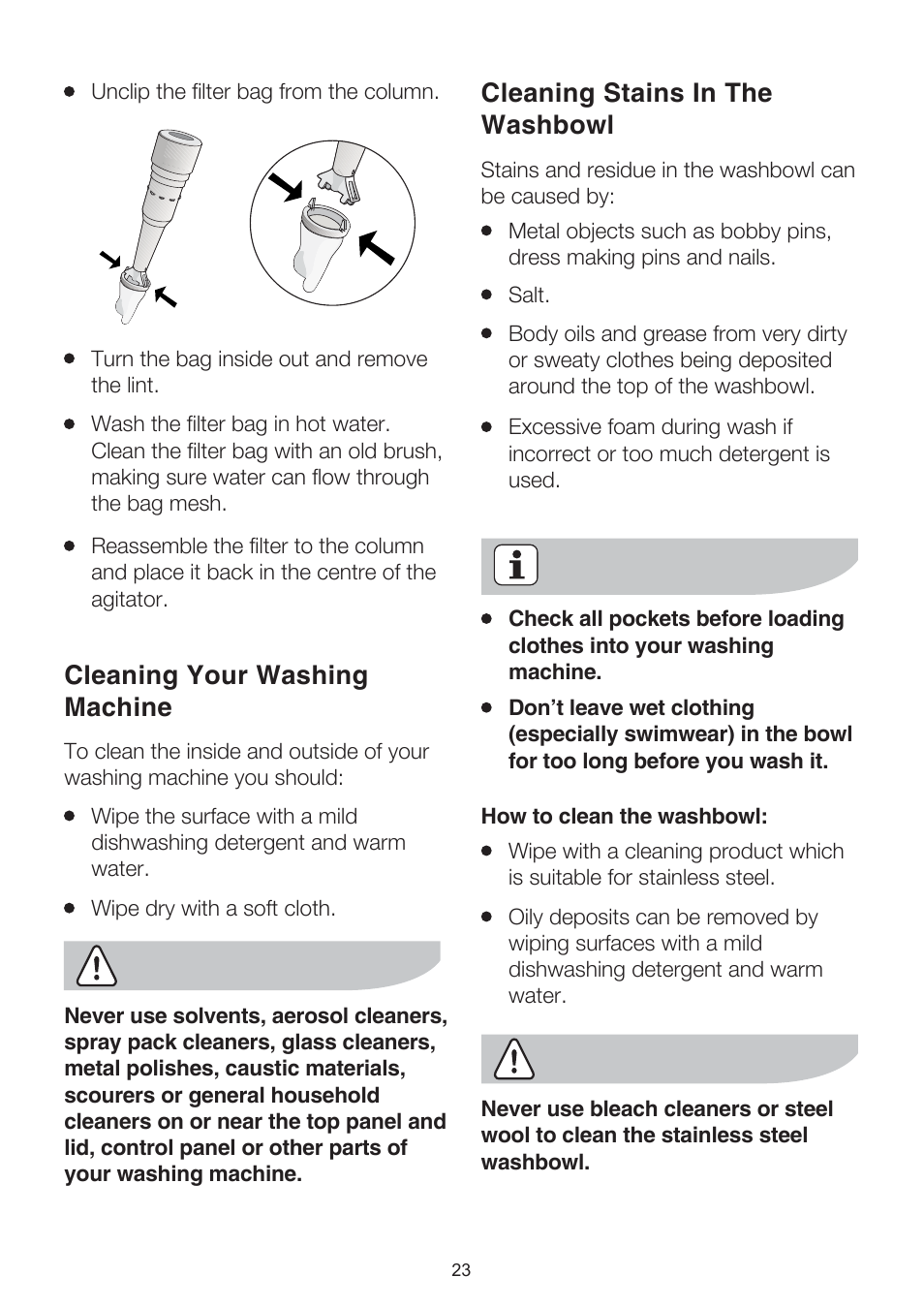 Cleaning your washing machine, Cleaning stains in the washbowl | Electrolux EWT704 User Manual | Page 23 / 31