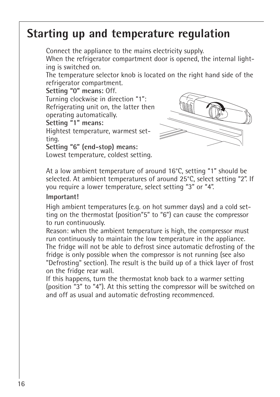 Starting up and temperature regulation | Electrolux 1554-6 iU User Manual | Page 16 / 24