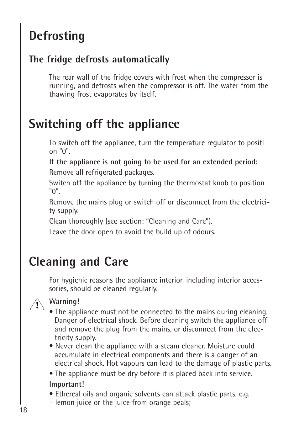 Defrosting, Switching off the appliance, Cleaning and care | Electrolux 1554-6 iU User Manual | Page 18 / 24