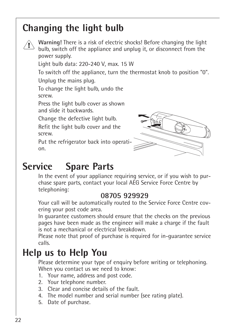 Changing the light bulb, Service & spare parts, Help us to help you | Electrolux 1554-6 iU User Manual | Page 22 / 24