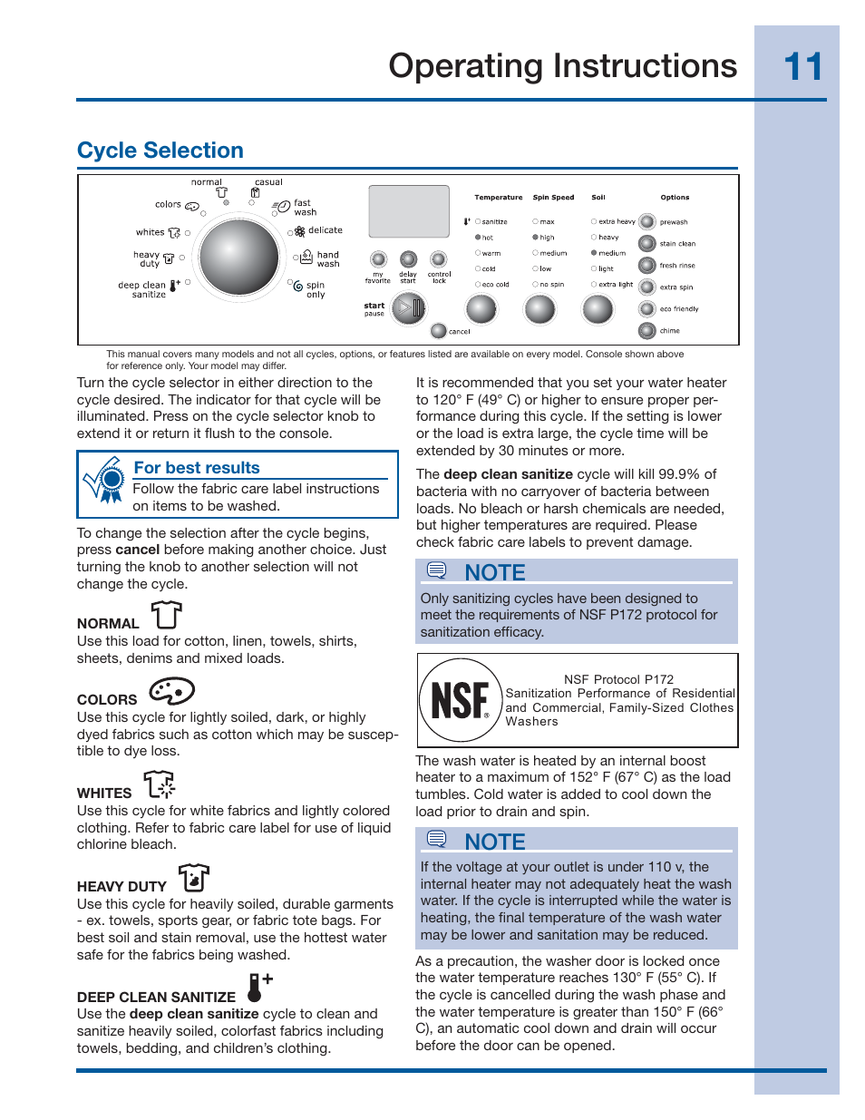 Operating instructions, Cycle selection | Electrolux 137519000 A (1112) User Manual | Page 11 / 28