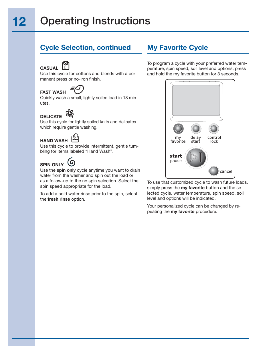 Operating instructions, Cycle selection, continued, My favorite cycle | Electrolux 137519000 A (1112) User Manual | Page 12 / 28