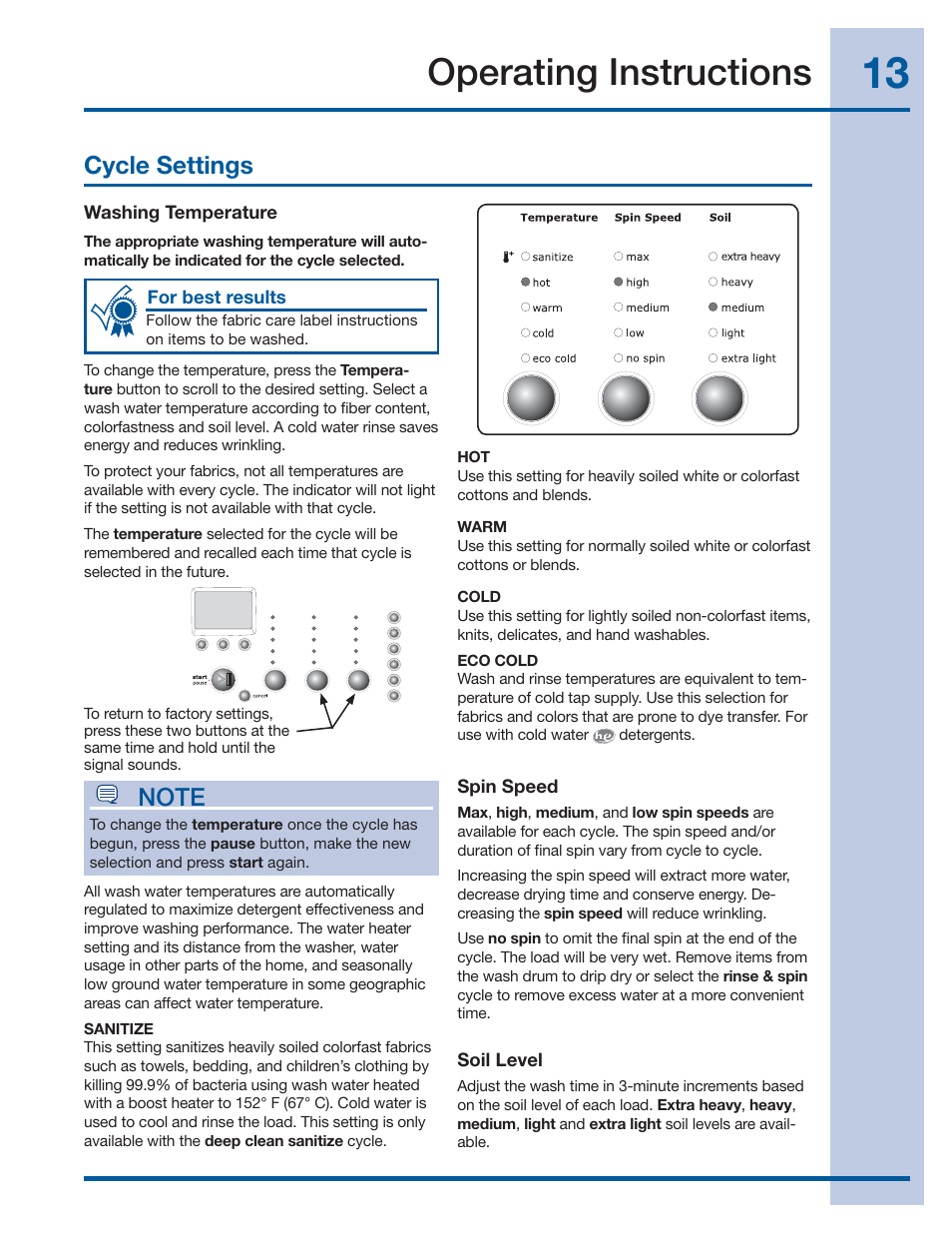 Operating instructions, Cycle settings | Electrolux 137519000 A (1112) User Manual | Page 13 / 28