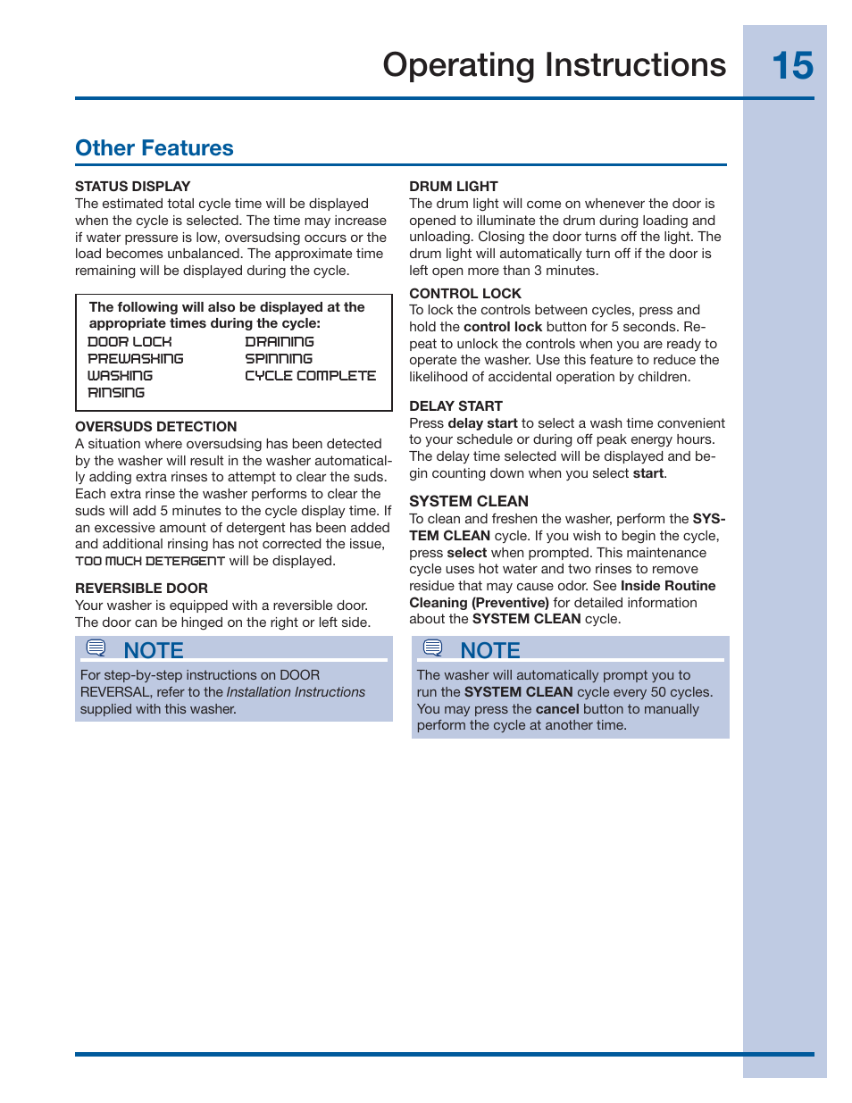 Operating instructions, Other features | Electrolux 137519000 A (1112) User Manual | Page 15 / 28