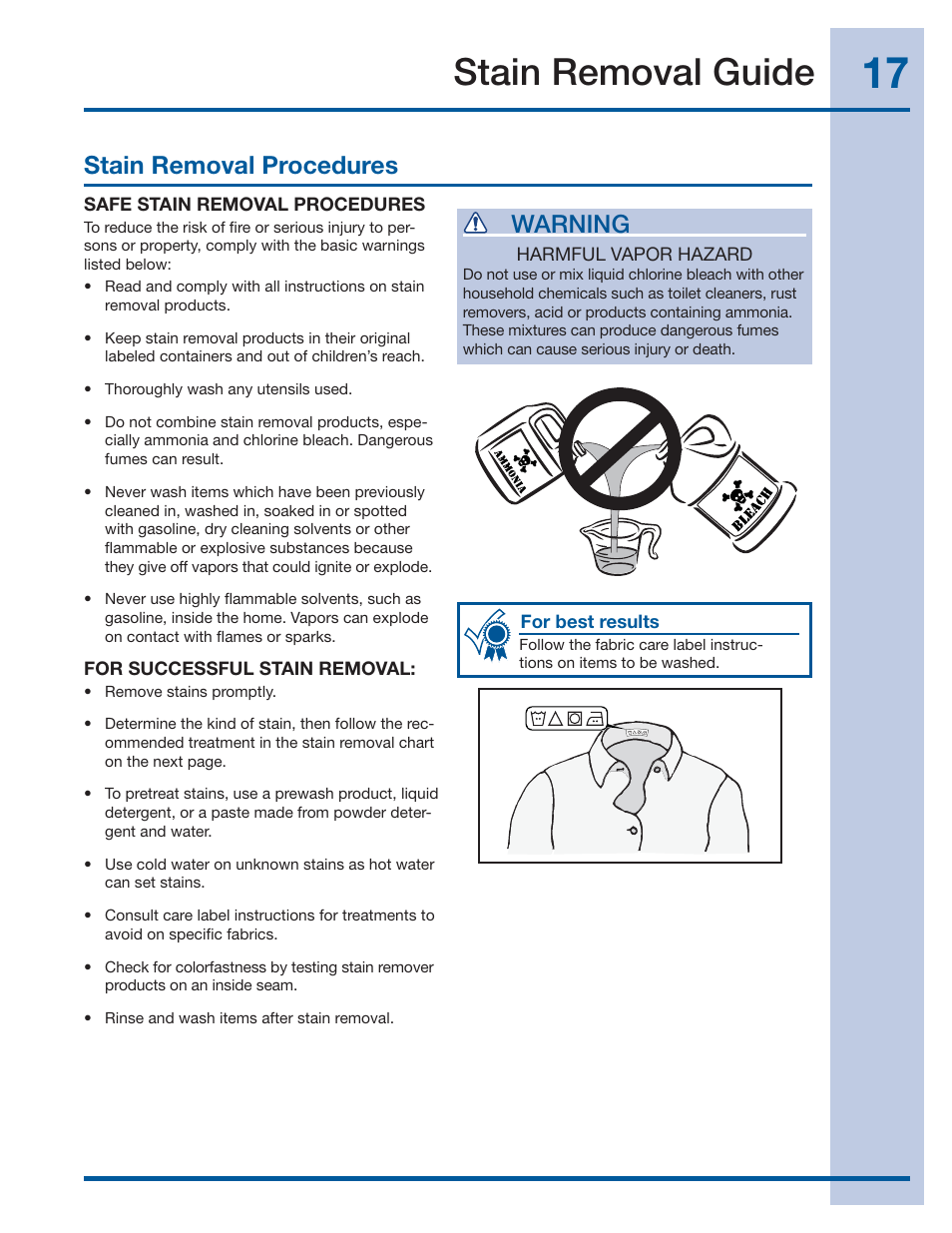 Stain removal guide, Stain removal procedures, Warning | Electrolux 137519000 A (1112) User Manual | Page 17 / 28