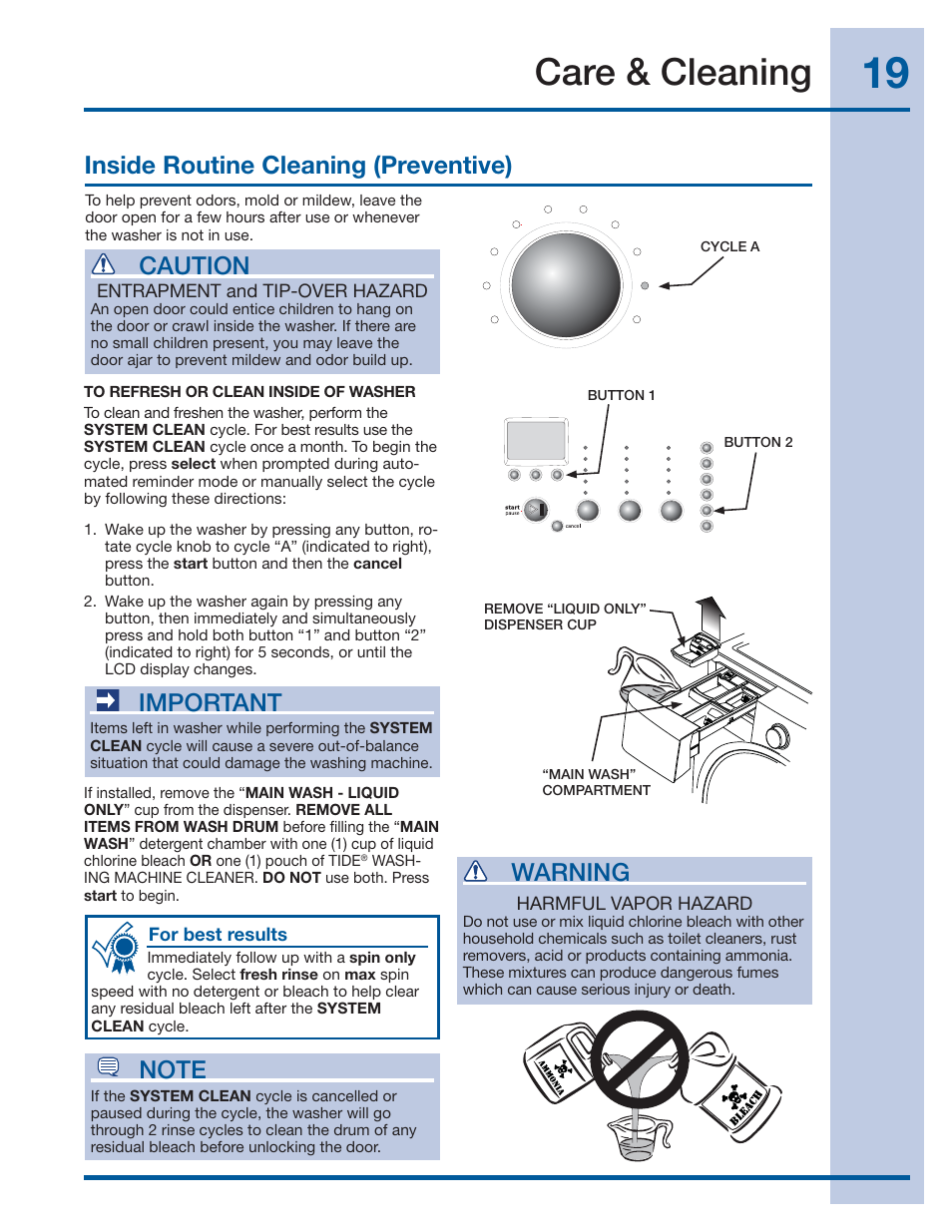 Care & cleaning, Inside routine cleaning (preventive), Important | Warning, Caution | Electrolux 137519000 A (1112) User Manual | Page 19 / 28