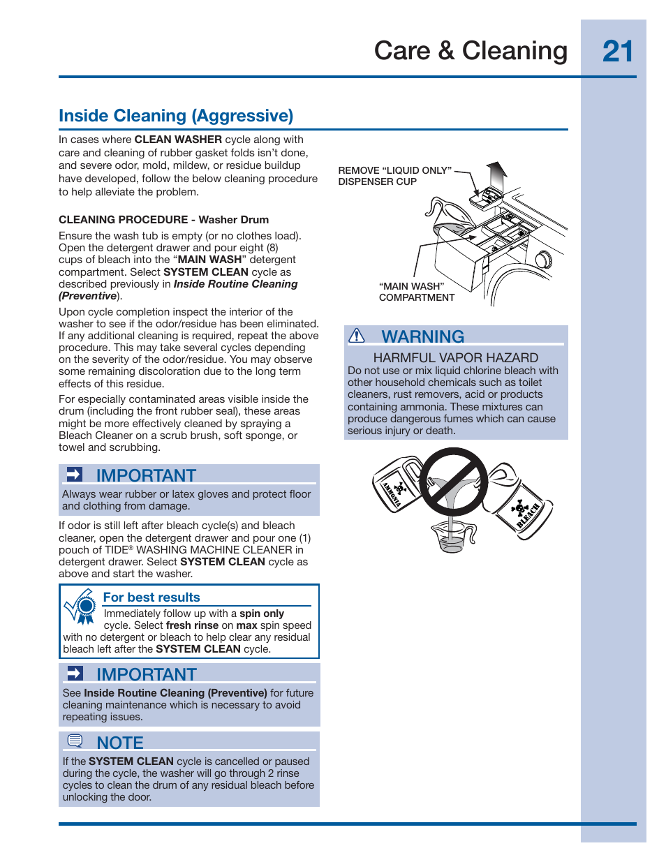 Care & cleaning, Inside cleaning (aggressive), Important | Warning | Electrolux 137519000 A (1112) User Manual | Page 21 / 28