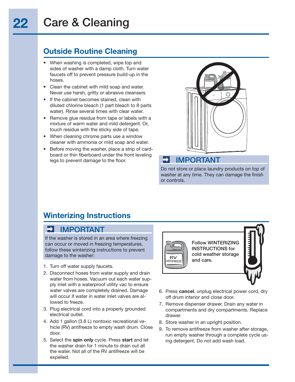 Care & cleaning, Important, Outside routine cleaning | Winterizing instructions | Electrolux 137519000 A (1112) User Manual | Page 22 / 28