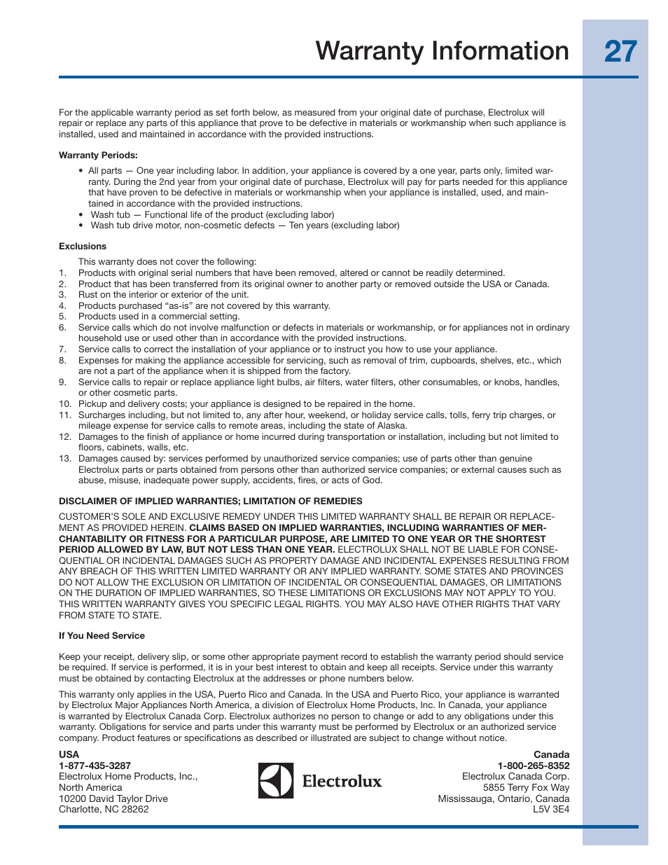 Warranty information | Electrolux 137519000 A (1112) User Manual | Page 27 / 28