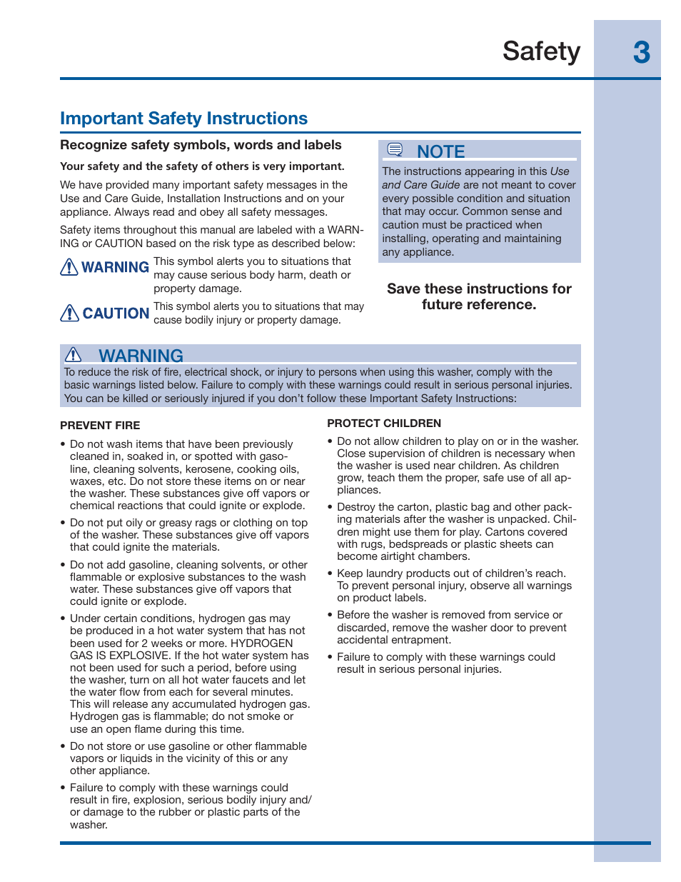 Safety, Important safety instructions, Warning | Electrolux 137519000 A (1112) User Manual | Page 3 / 28