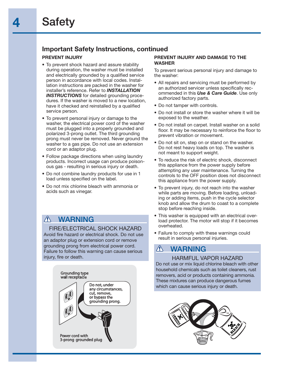 Safety, Warning, Important safety instructions, continued | Electrolux 137519000 A (1112) User Manual | Page 4 / 28