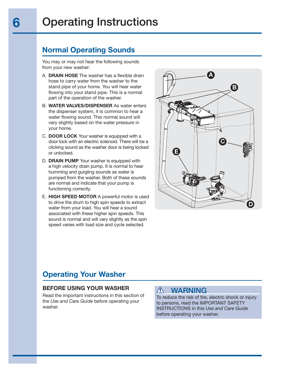 Operating instructions, Normal operating sounds, Operating your washer warning | Electrolux 137519000 A (1112) User Manual | Page 6 / 28