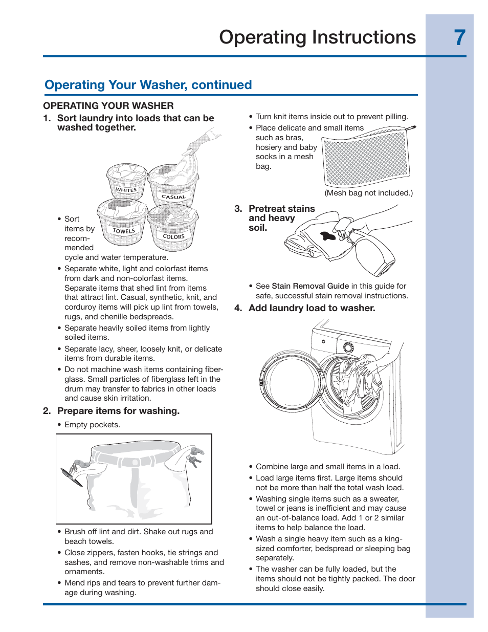 Operating instructions, Operating your washer, continued | Electrolux 137519000 A (1112) User Manual | Page 7 / 28