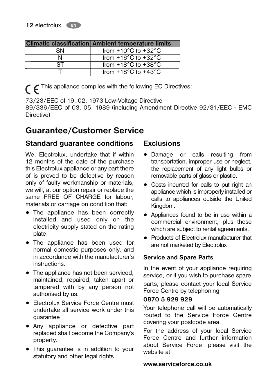 Guarantee/customer service, Standard guarantee conditions, Exclusions | Electrolux ECM 30325 W User Manual | Page 12 / 16