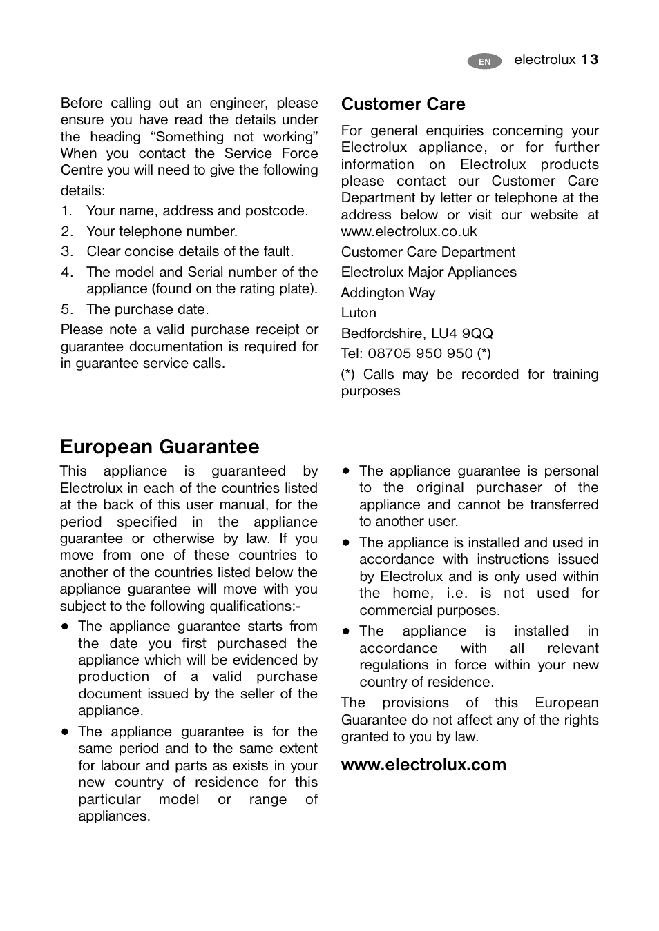 European guarantee, Customer care | Electrolux ECM 30325 W User Manual | Page 13 / 16