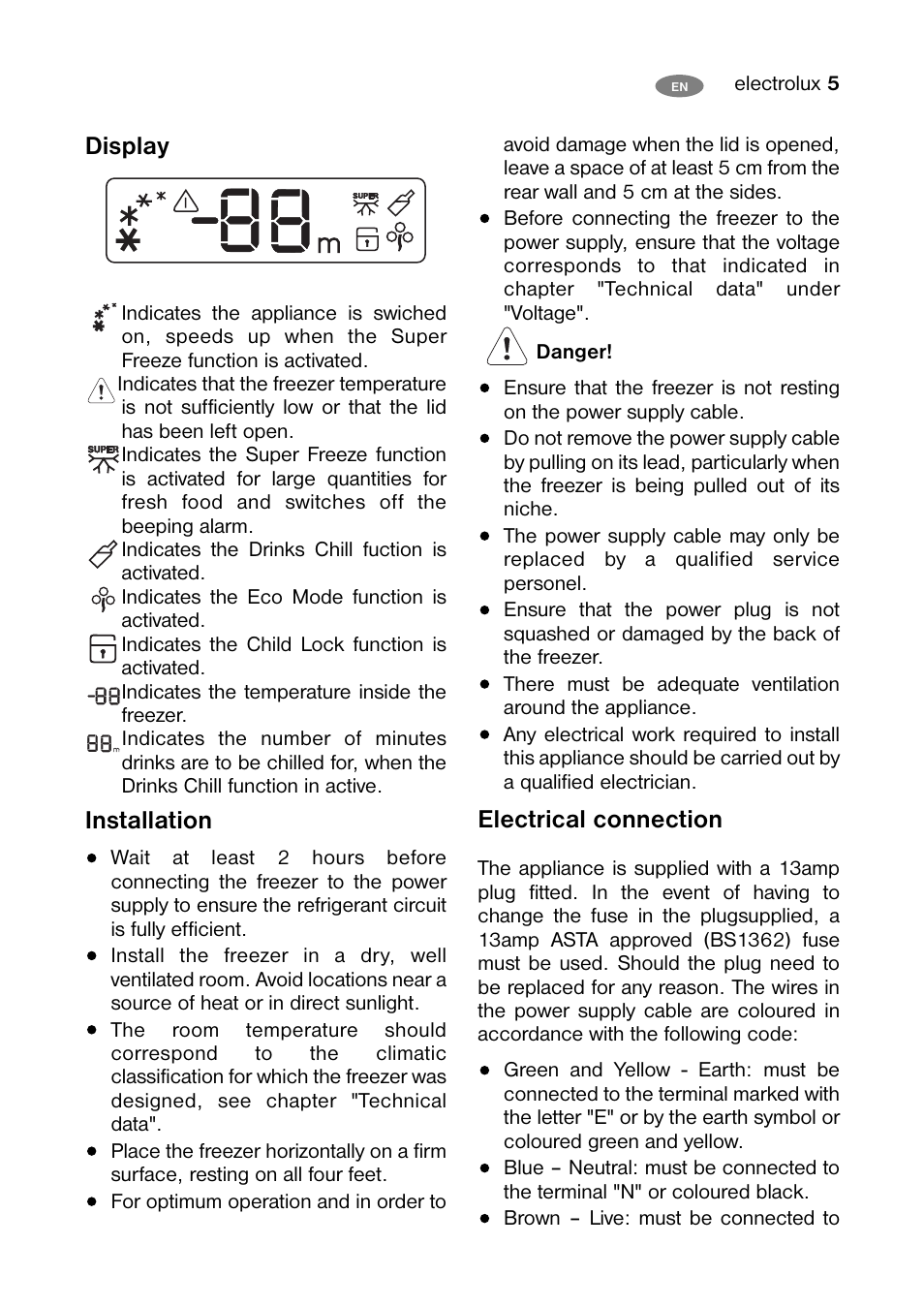 Display, Installation, Electrical connection | Electrolux ECM 30325 W User Manual | Page 5 / 16