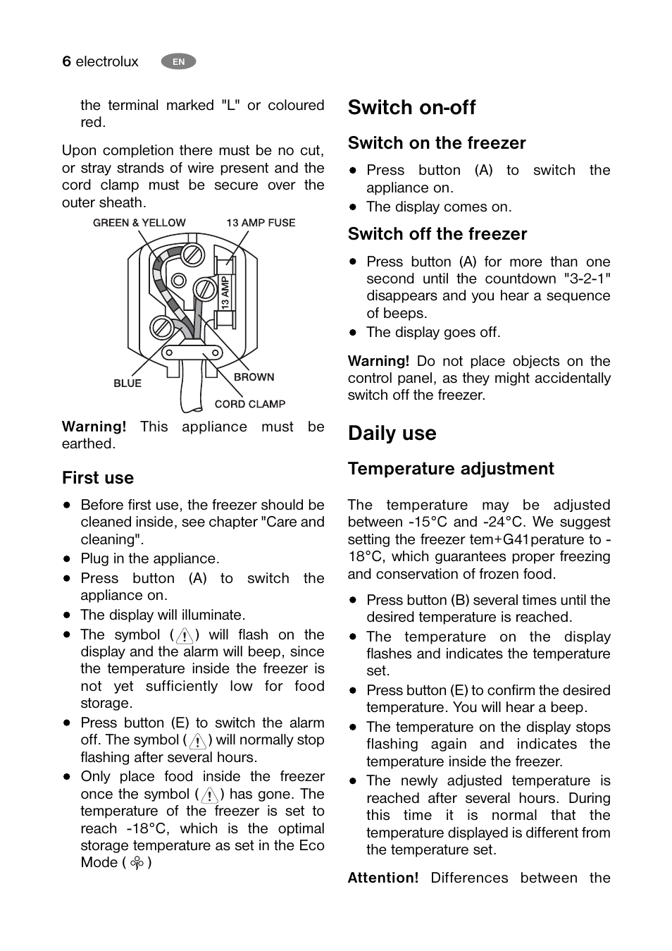 Switch on-off, Daily use | Electrolux ECM 30325 W User Manual | Page 6 / 16