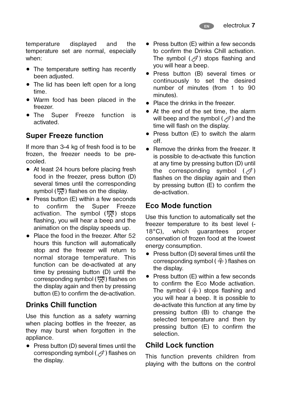 Super freeze function, Drinks chill function, Eco mode function | Child lock function | Electrolux ECM 30325 W User Manual | Page 7 / 16