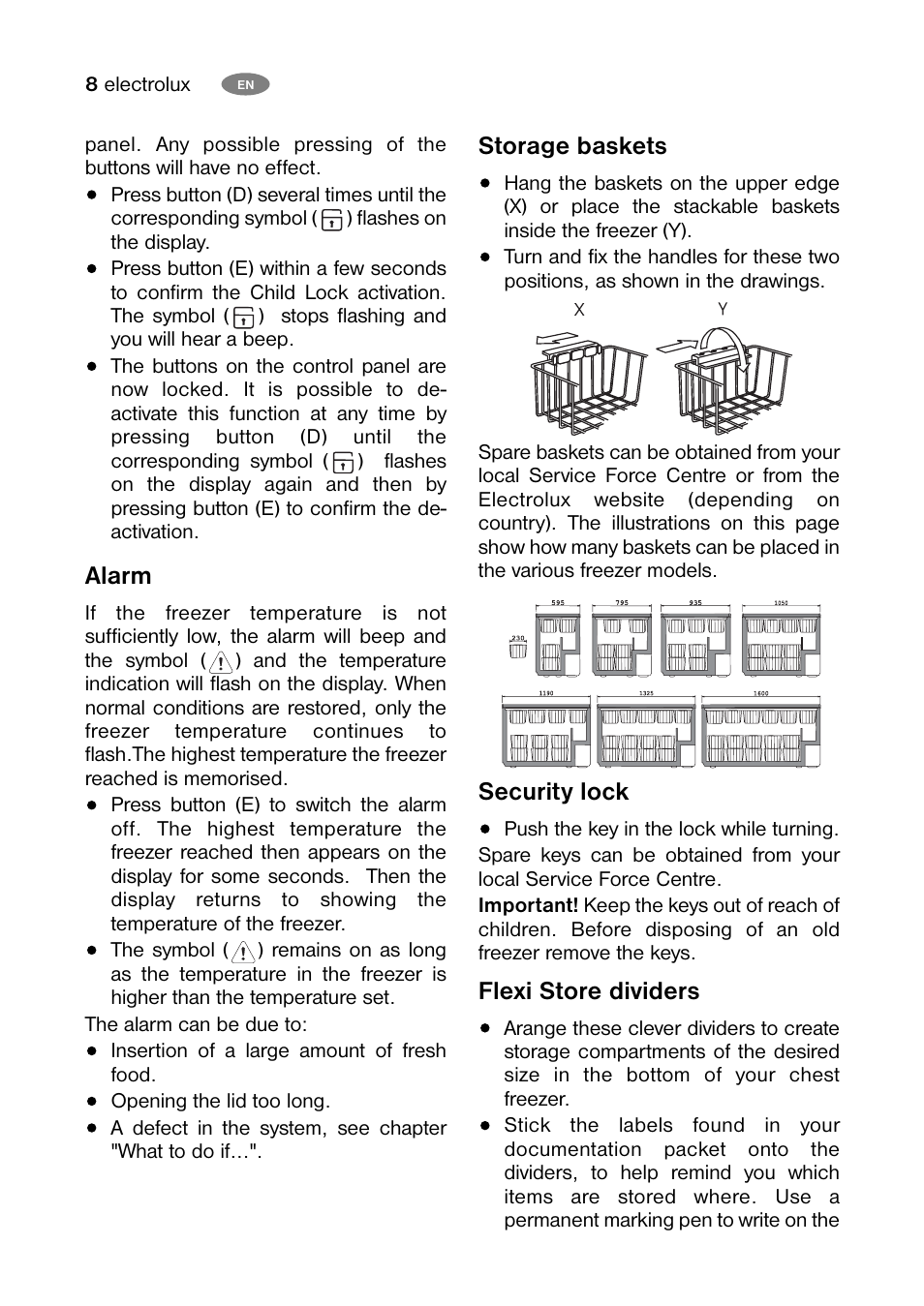 Alarm, Storage baskets, Security lock | Flexi store dividers | Electrolux ECM 30325 W User Manual | Page 8 / 16