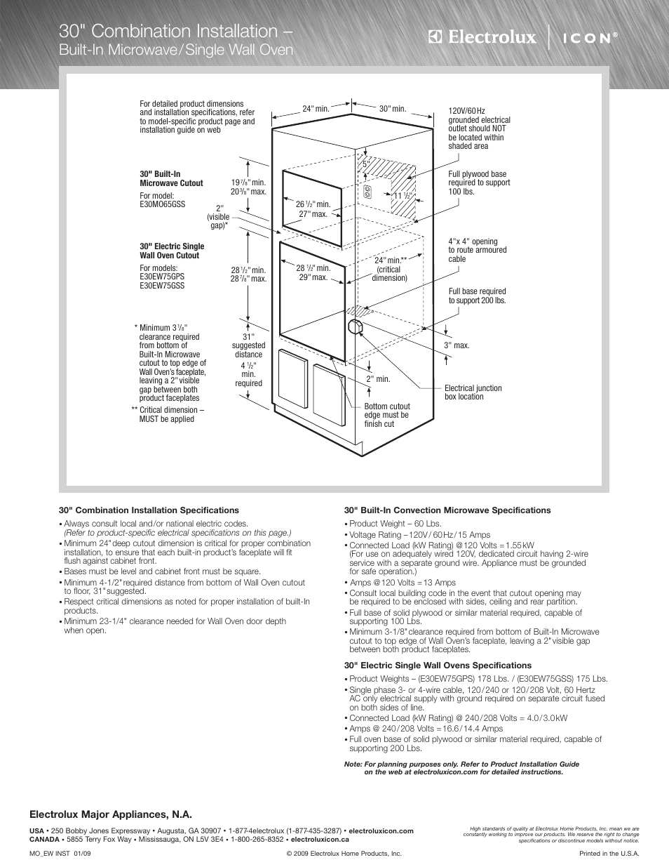 30" combination installation, Built-in microwave/single wall oven, Electrolux major appliances, n.a | Electrolux E30MO65GSS User Manual | Page 3 / 4