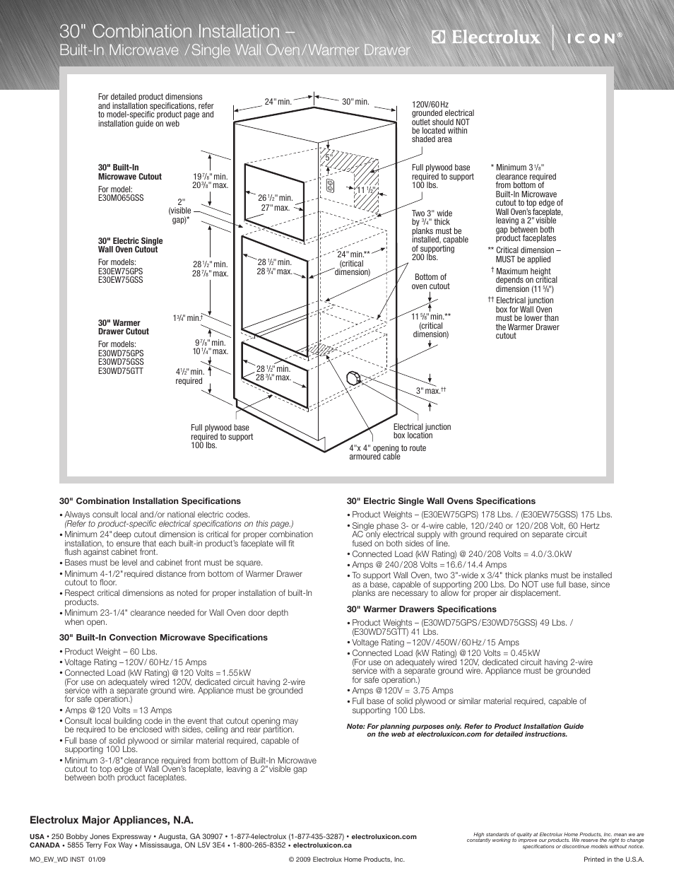 30" combination installation, Built-in microwave /single wall oven/warmer drawer, Electrolux major appliances, n.a | Electrolux E30MO65GSS User Manual | Page 4 / 4