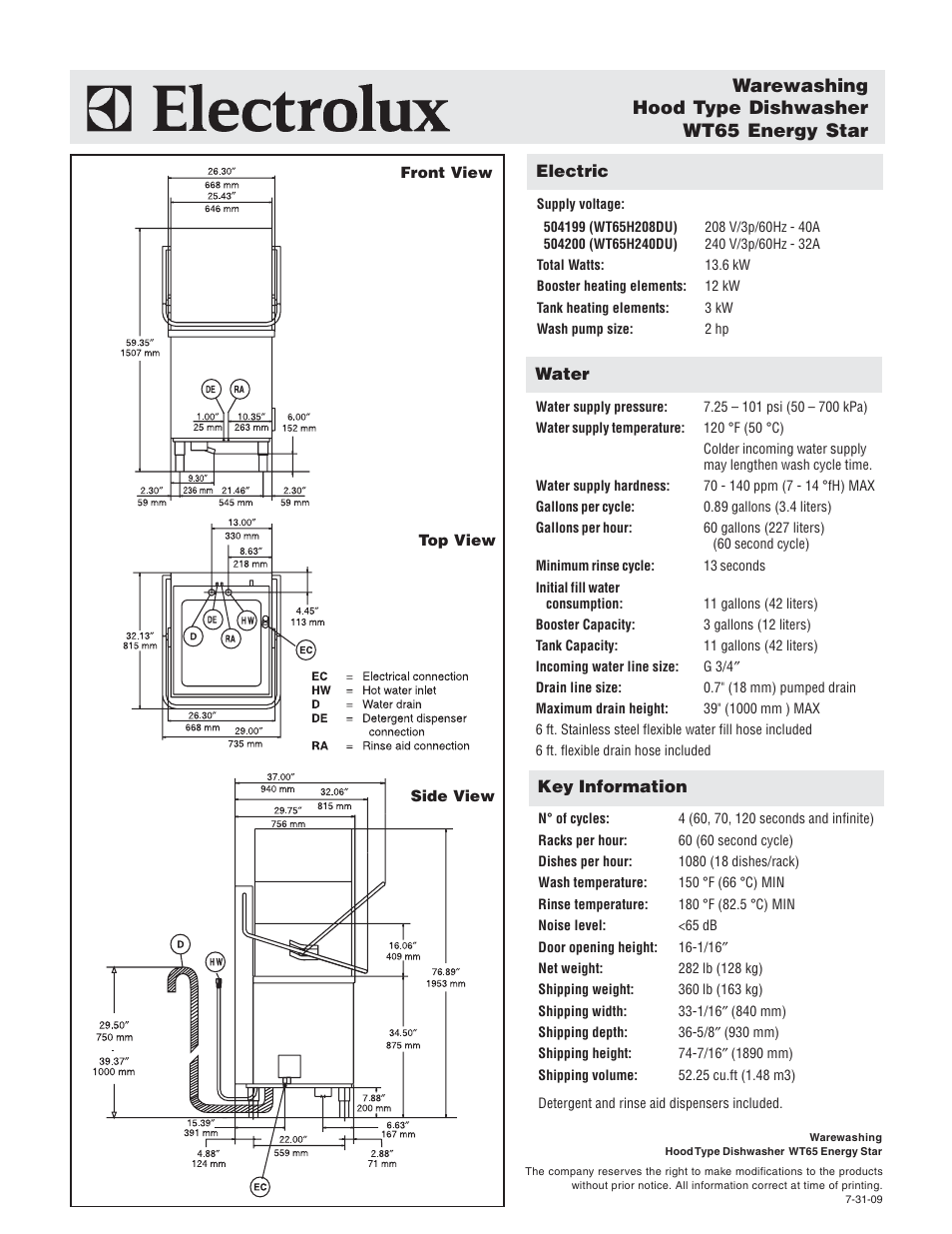 Warewashing hood type dishwasher wt65 energy star | Electrolux 504199 User Manual | Page 2 / 3