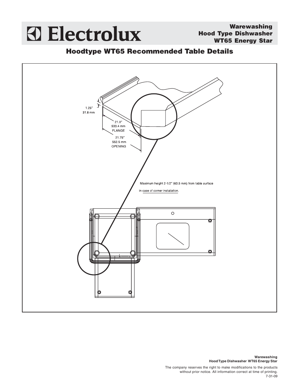 Hoodtype wt65 recommended table details, Warewashing hood type dishwasher wt65 energy star | Electrolux 504199 User Manual | Page 3 / 3