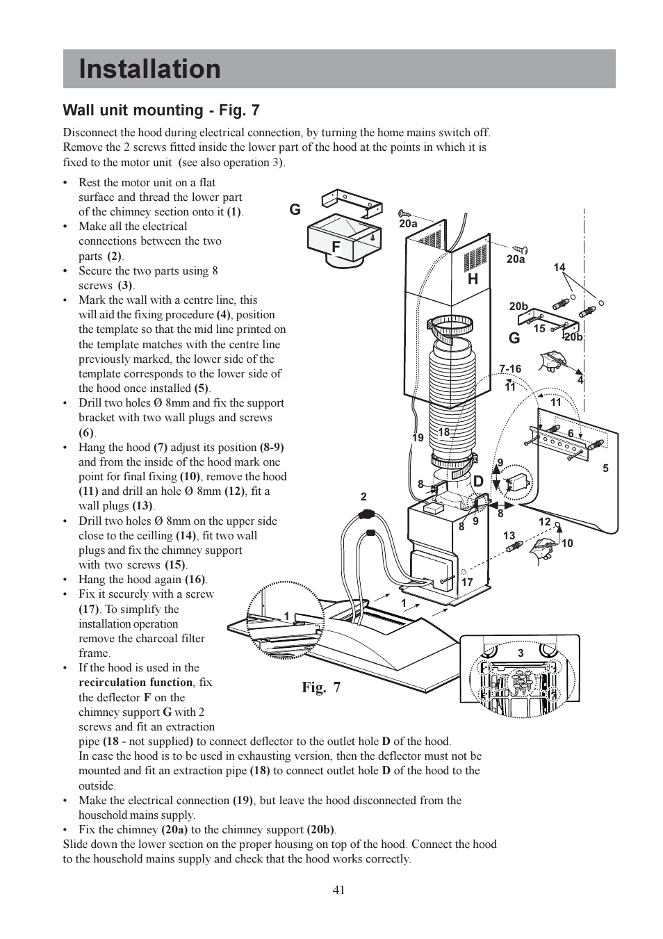 Installation, Dg h, Wall unit mounting - fig. 7 | Fig. 7 | Electrolux EFC 9440 User Manual | Page 12 / 13