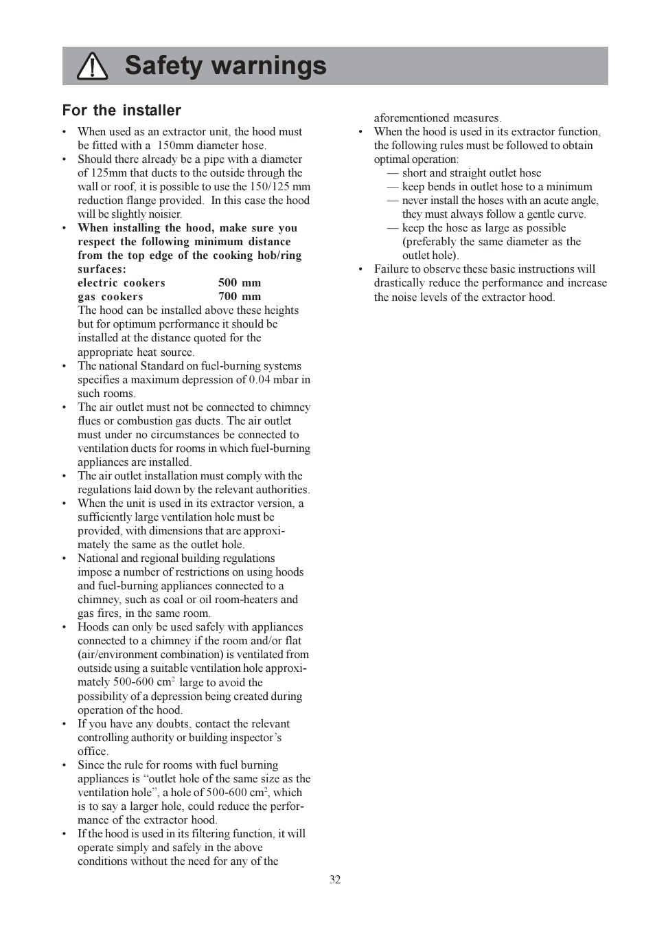 Safety warnings, For the installer | Electrolux EFC 9440 User Manual | Page 3 / 13