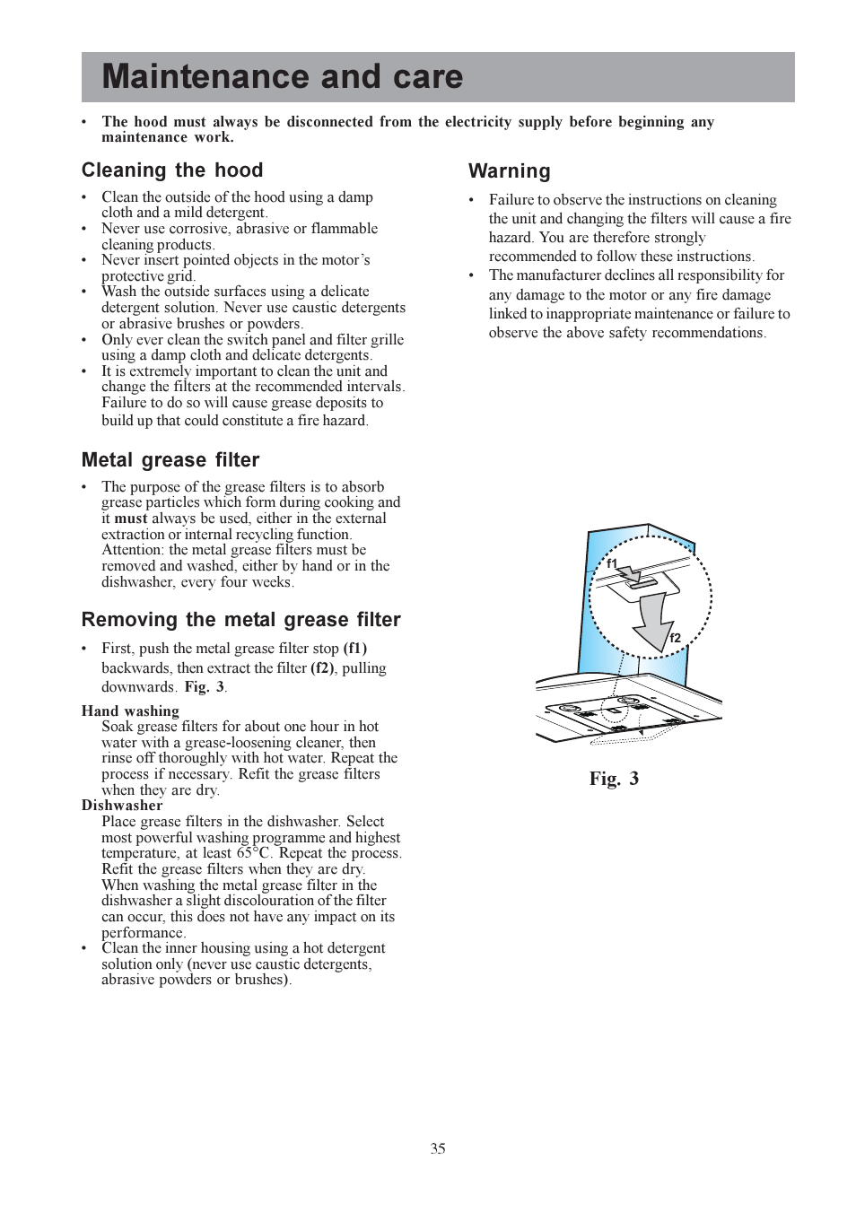 Maintenance and care, Warning, Cleaning the hood | Metal grease filter, Removing the metal grease filter, Fig. 3 | Electrolux EFC 9440 User Manual | Page 6 / 13