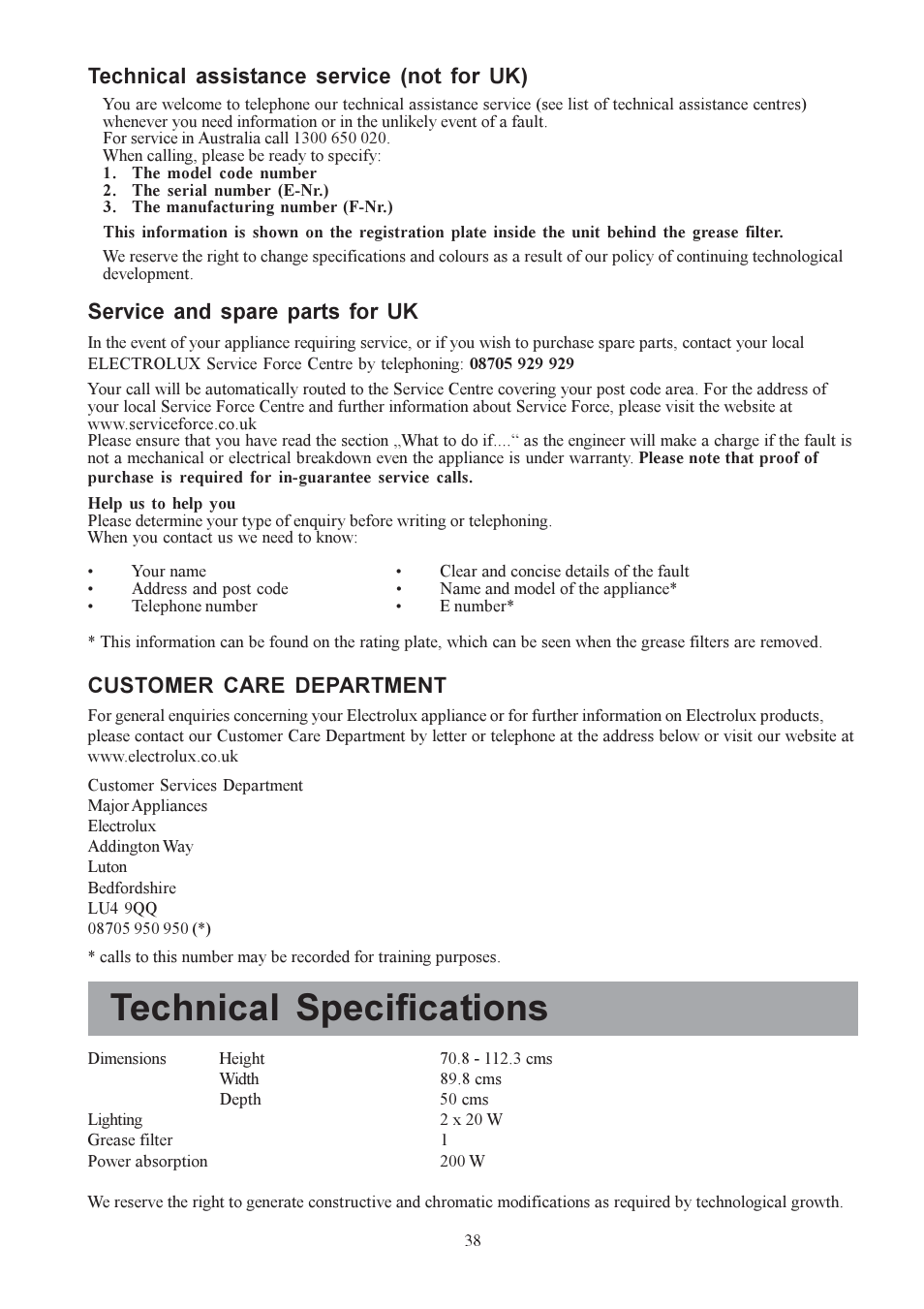 Technical specifications, Technical assistance service (not for uk), Service and spare parts for uk | Customer care department | Electrolux EFC 9440 User Manual | Page 9 / 13