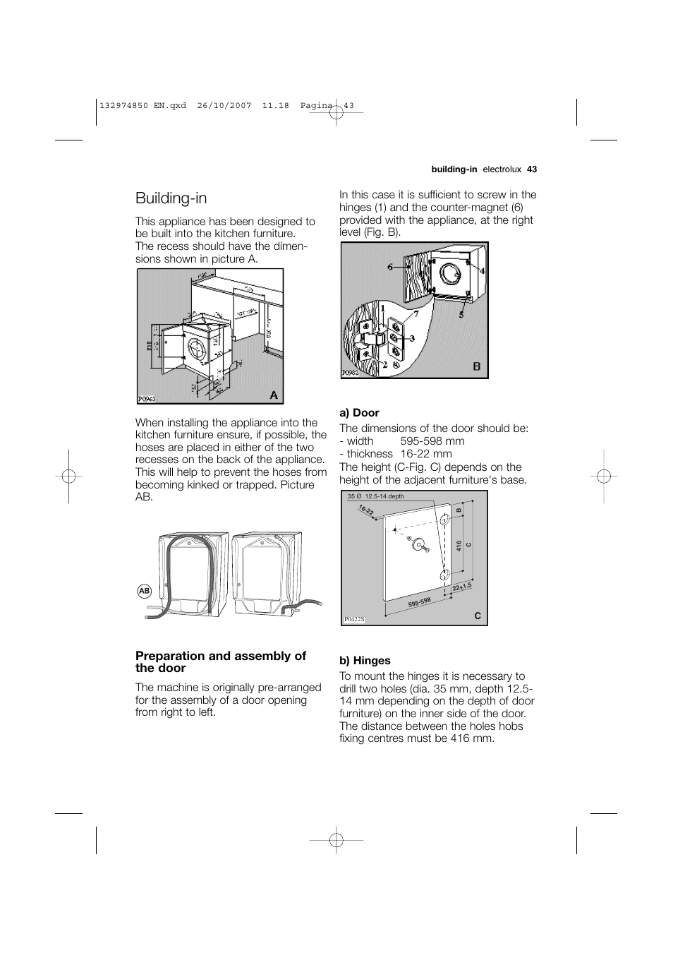 Building-in, Preparation and assembly of the door | Electrolux EWX 14440 W User Manual | Page 43 / 52