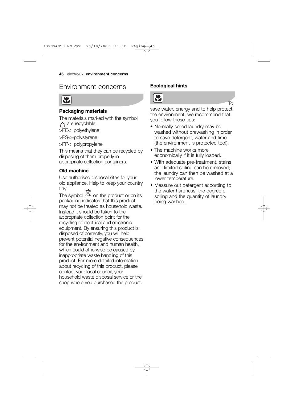 Environment concerns | Electrolux EWX 14440 W User Manual | Page 46 / 52