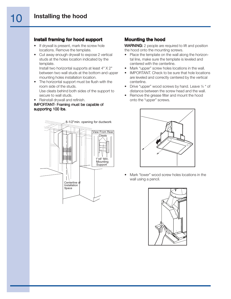 Installing the hood | Electrolux EI36WC60GS User Manual | Page 10 / 21