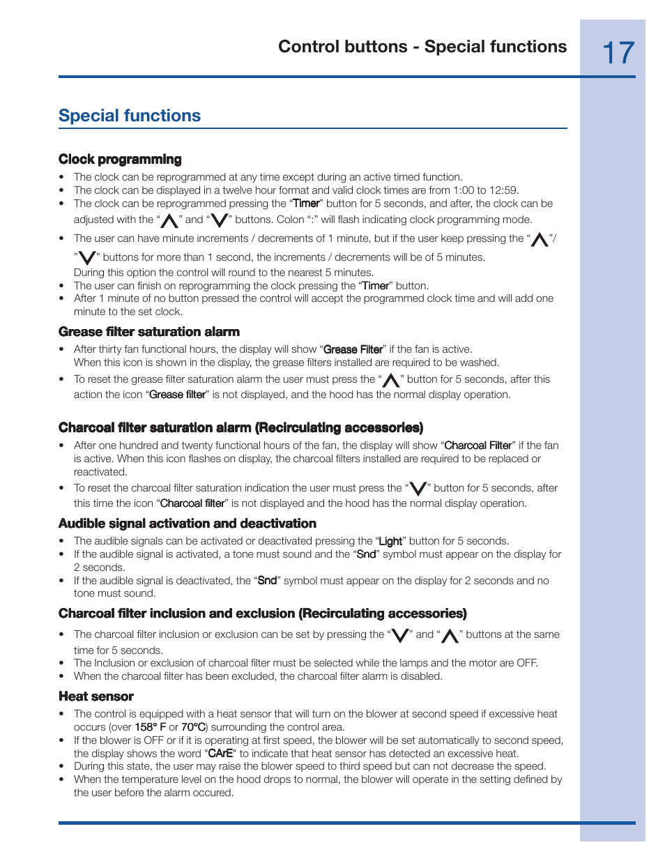 Special functions, Control buttons - special functions | Electrolux EI36WC60GS User Manual | Page 17 / 21