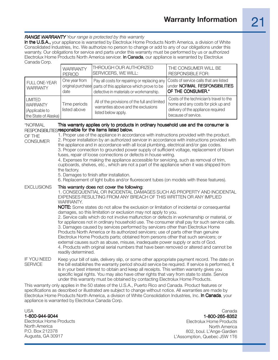 Warranty information | Electrolux EI36WC60GS User Manual | Page 21 / 21