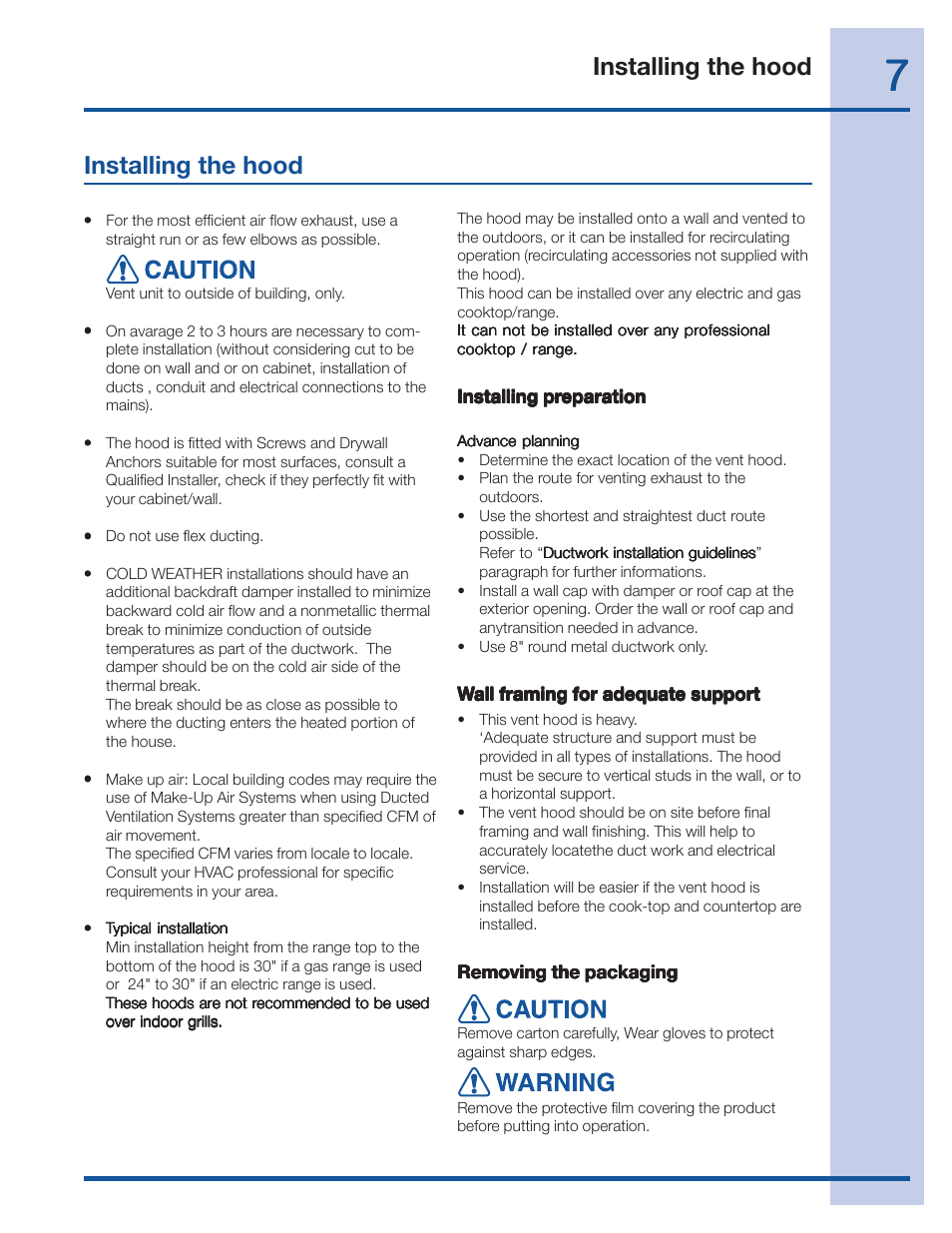 Installing the hood | Electrolux EI36WC60GS User Manual | Page 7 / 21