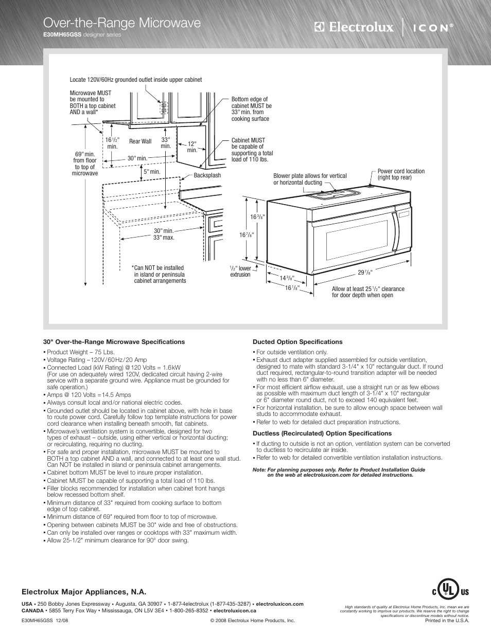 Over-the-range microwave, Electrolux major appliances, n.a | Electrolux E30MH65GSS User Manual | Page 2 / 2