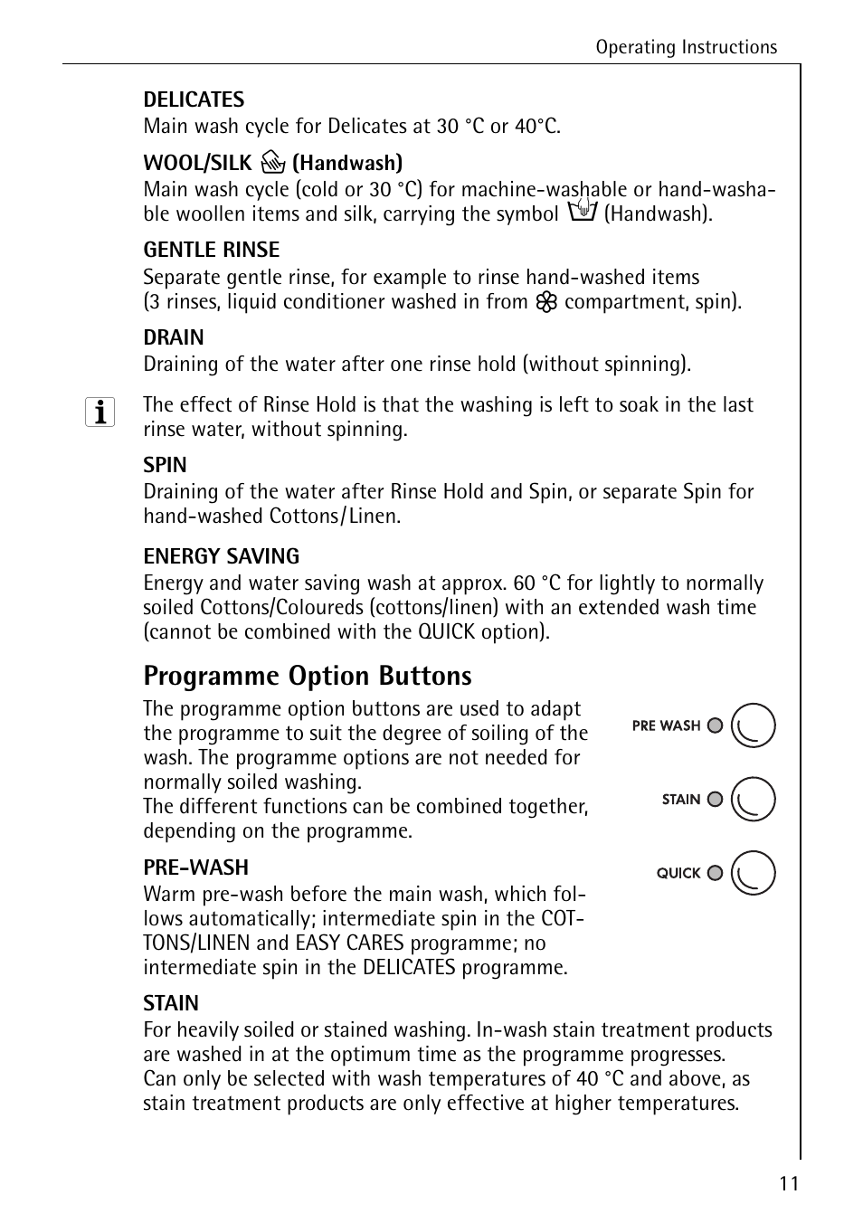 Programme option buttons | Electrolux LAVAMAT W 1259 User Manual | Page 11 / 52