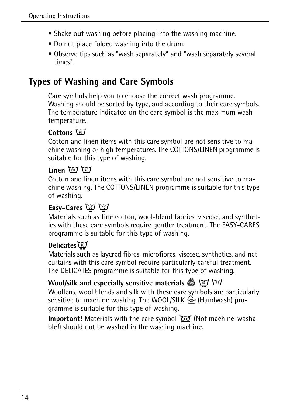 Types of washing and care symbols | Electrolux LAVAMAT W 1259 User Manual | Page 14 / 52