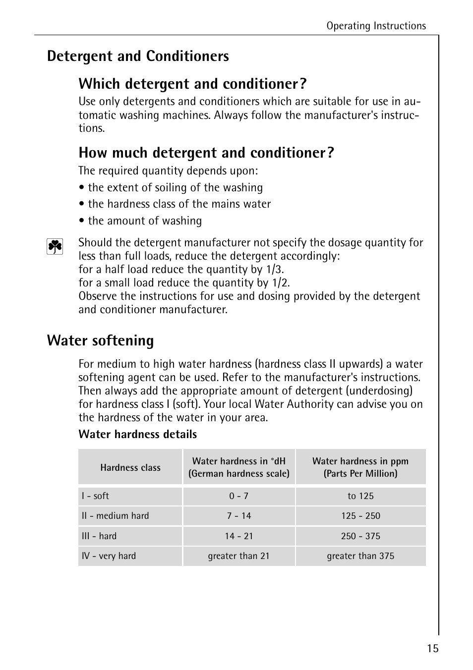 How much detergent and conditioner, Water softening | Electrolux LAVAMAT W 1259 User Manual | Page 15 / 52