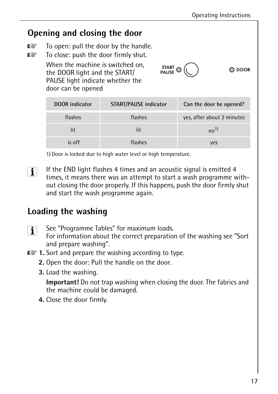 Opening and closing the door, Loading the washing | Electrolux LAVAMAT W 1259 User Manual | Page 17 / 52