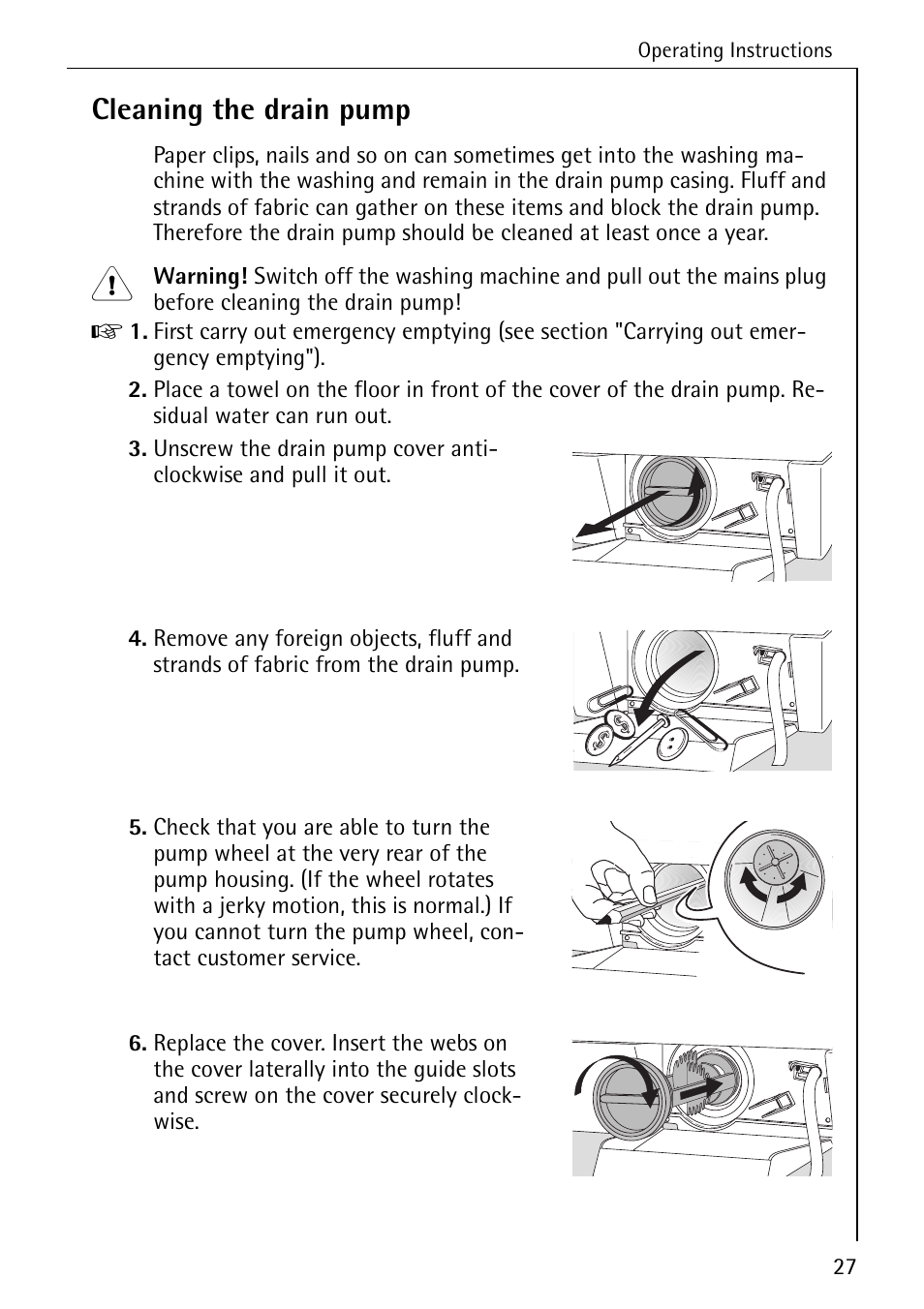 Cleaning the drain pump | Electrolux LAVAMAT W 1259 User Manual | Page 27 / 52